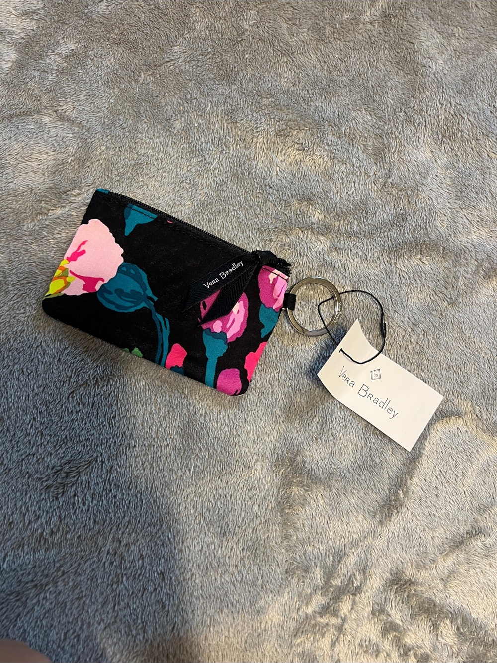 Vera Bradley Black Floral Zip Key Pouch with Pink and Teal Accents